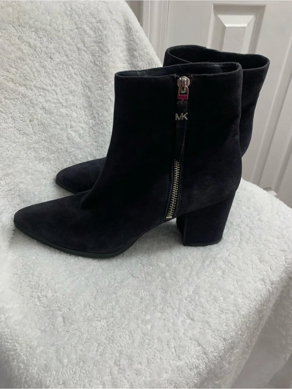 Michael Kors Navy Suede Pointed Toe Ankle Booties with Side Zip